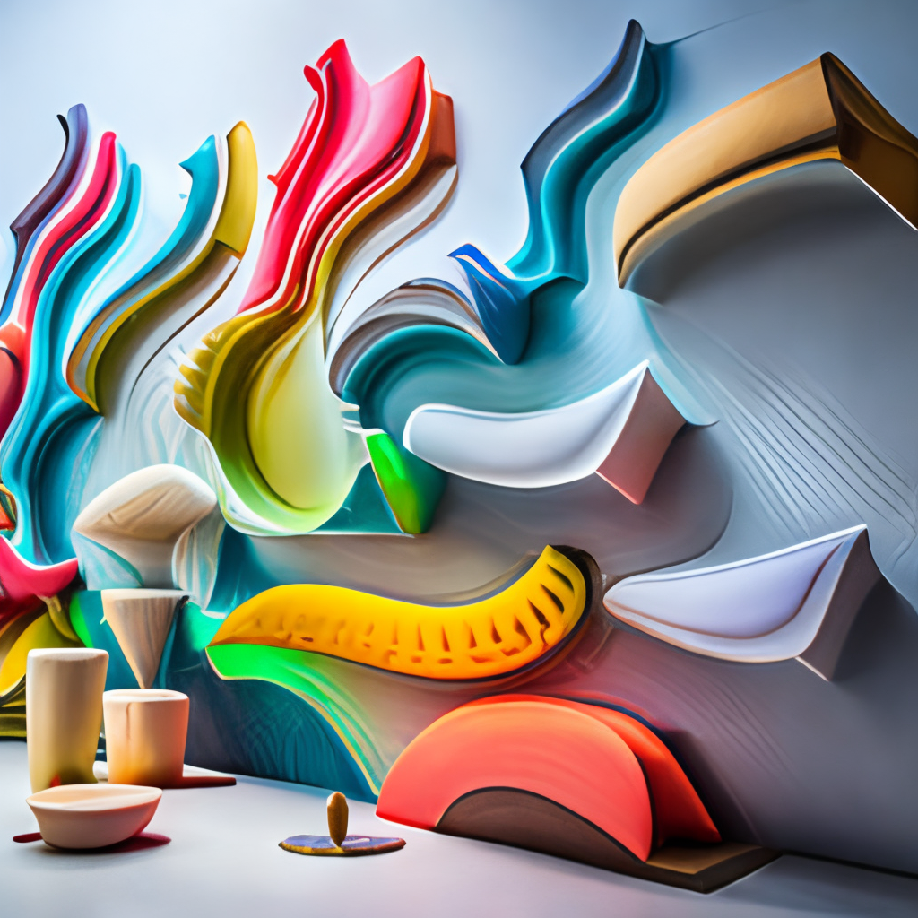 colorful abstract melty sculpture art on the wall in modern architecture studio, cinematic lighting, hyper - realistic, 3d