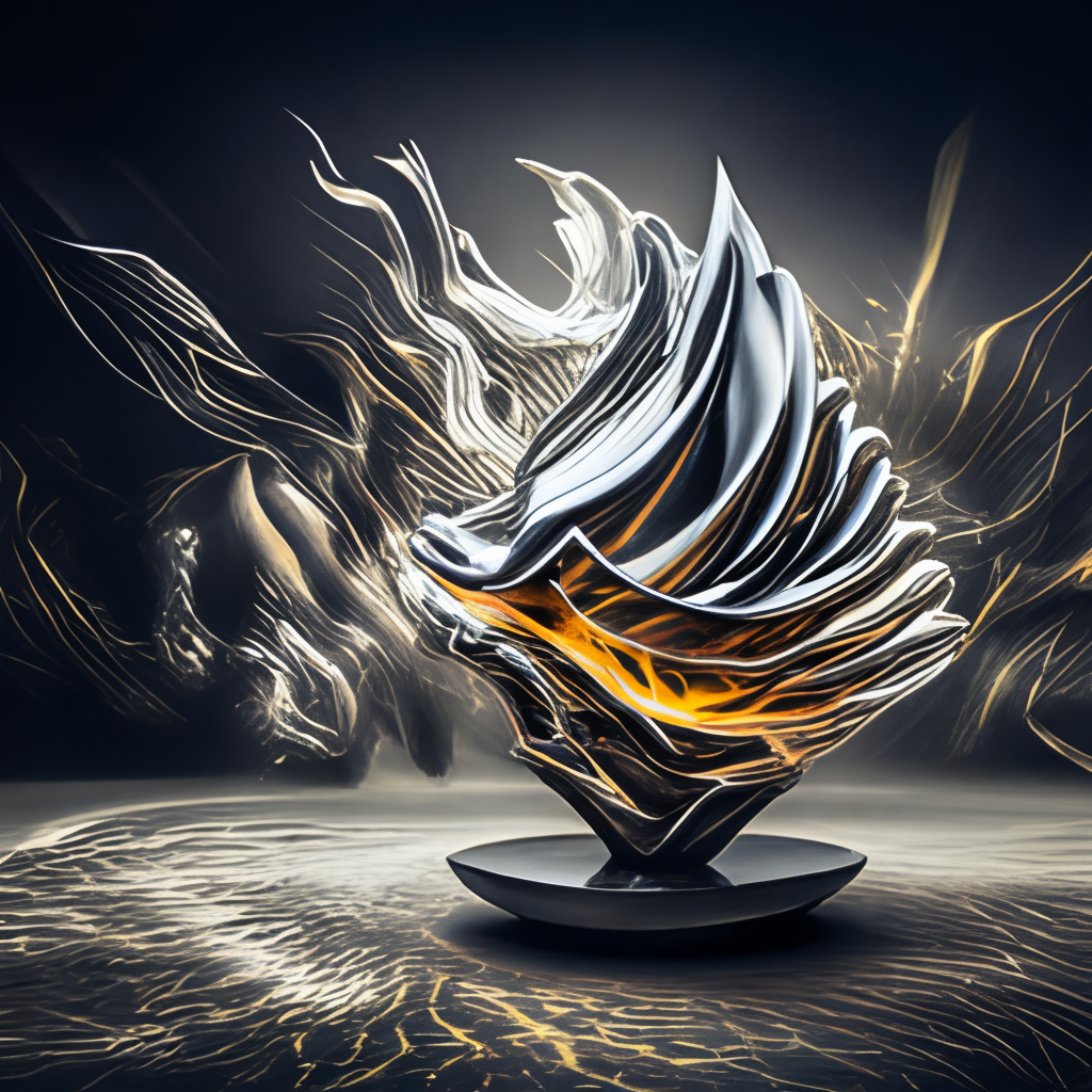 abstract molten metal sculpture art in modern architecture studio, cinematic lighting, hyper - realistic, 3d”