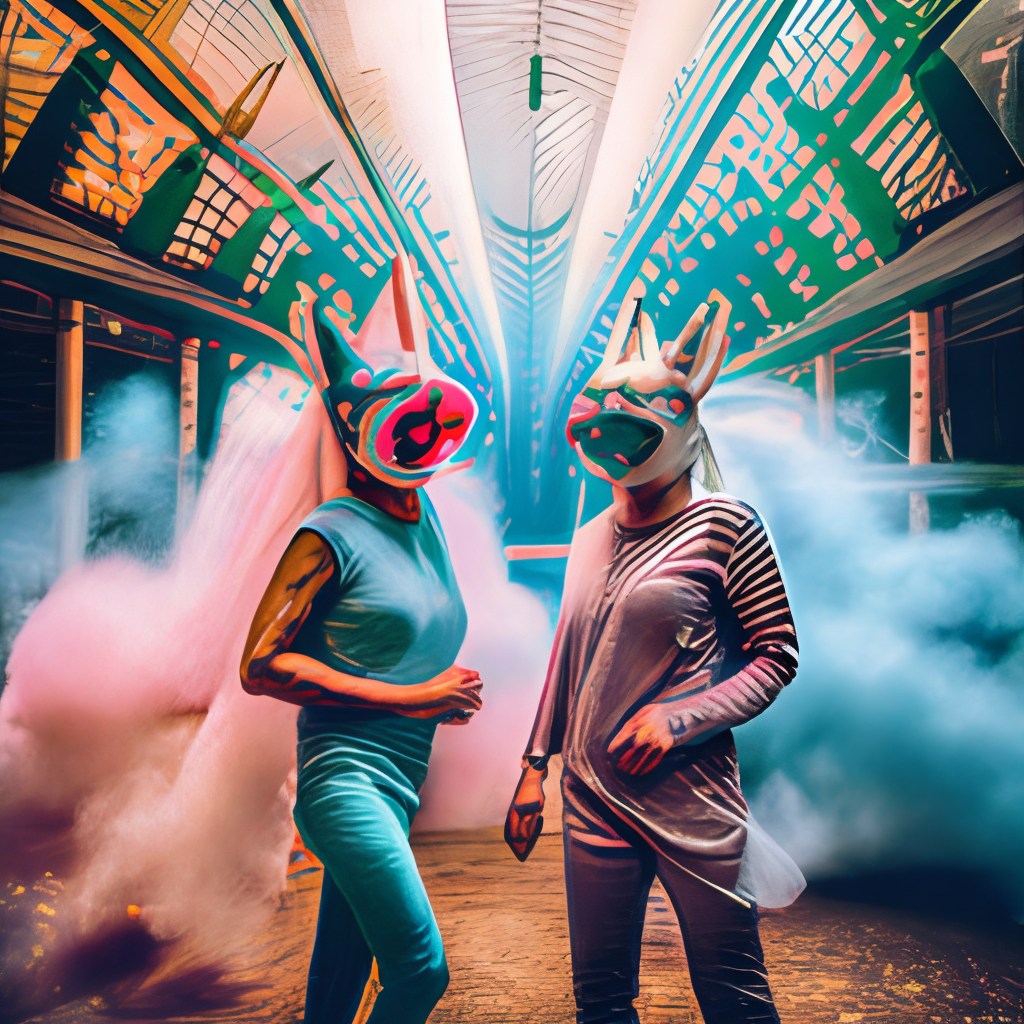 polaroid of dancers that are made from cotton candy and smoke, with huge animal mask heads, mix, DADA collage, texture, lomography, fashion neon light