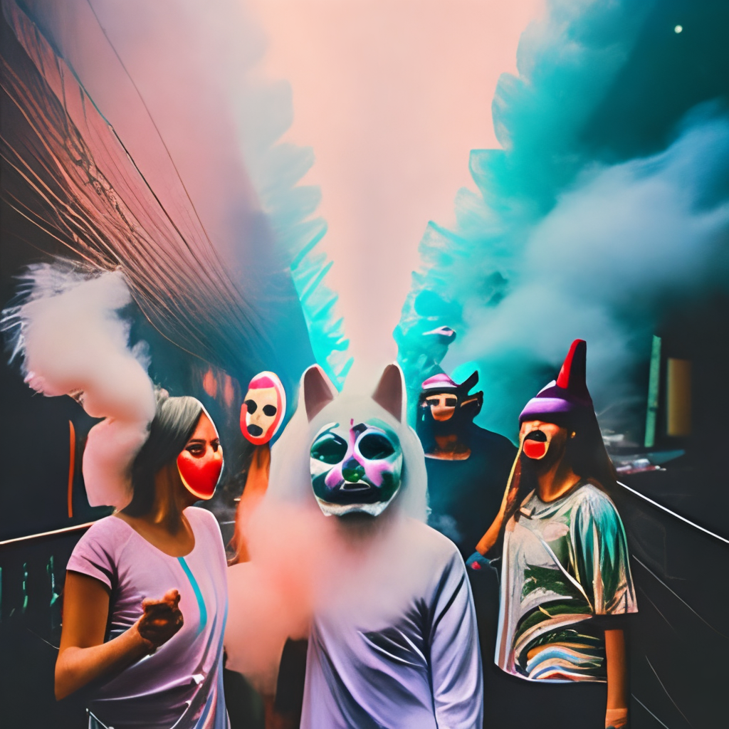 polaroid of dancers that are made from cotton candy and smoke, with huge animal mask heads, mix, DADA collage, texture, lomography, fashion neon light