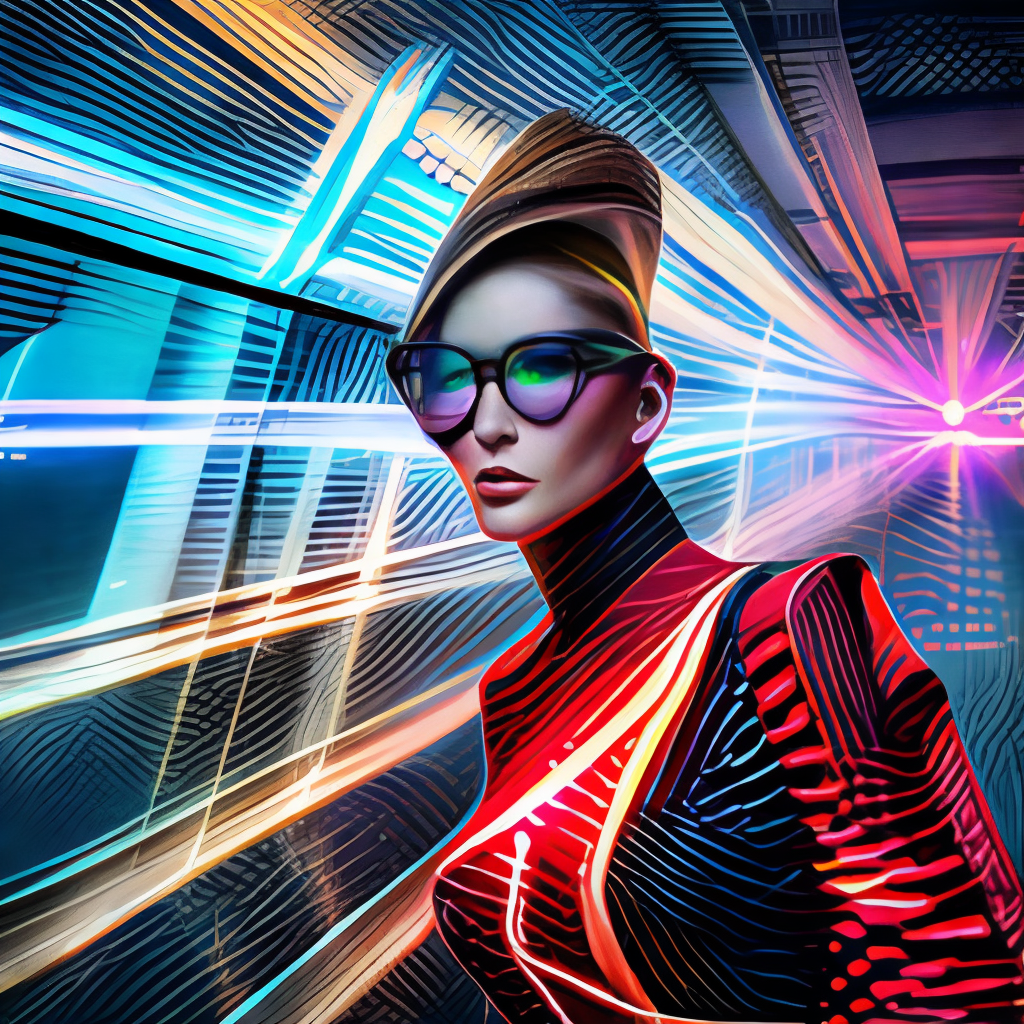 futuristic lasers, data visualization, cyberpunk visor girl pinup, by steven meisel, james jean and rolf armstrong, geometric cubist acrylic and hyperrealism photorealistic airbrush painting with retro and neon colors