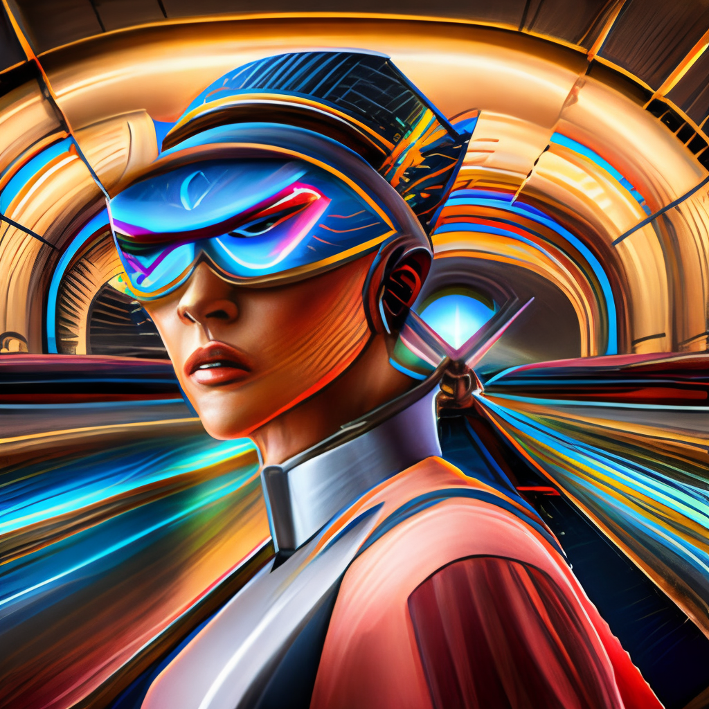 cyberpunk visor girl pinup, by steven meisel, james jean and rolf armstrong, geometric cubist acrylic and hyperrealism photorealistic airbrush painting with retro and neon colors