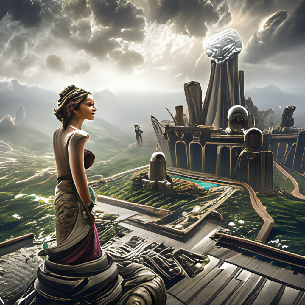Elohiym Goddess looking across ancient futuristic lands, dark sci-fi fantasy, incredible detail, photorealistic, playground ai delicate detail style