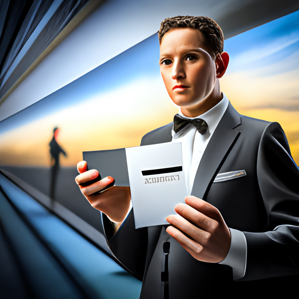 A person with a business card that looks technological dramatic style