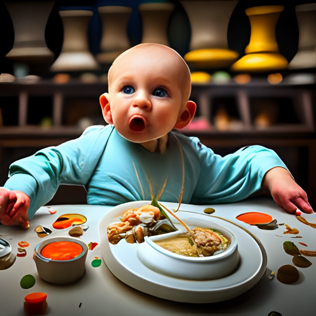 a baby making a mess while eating its first solid food