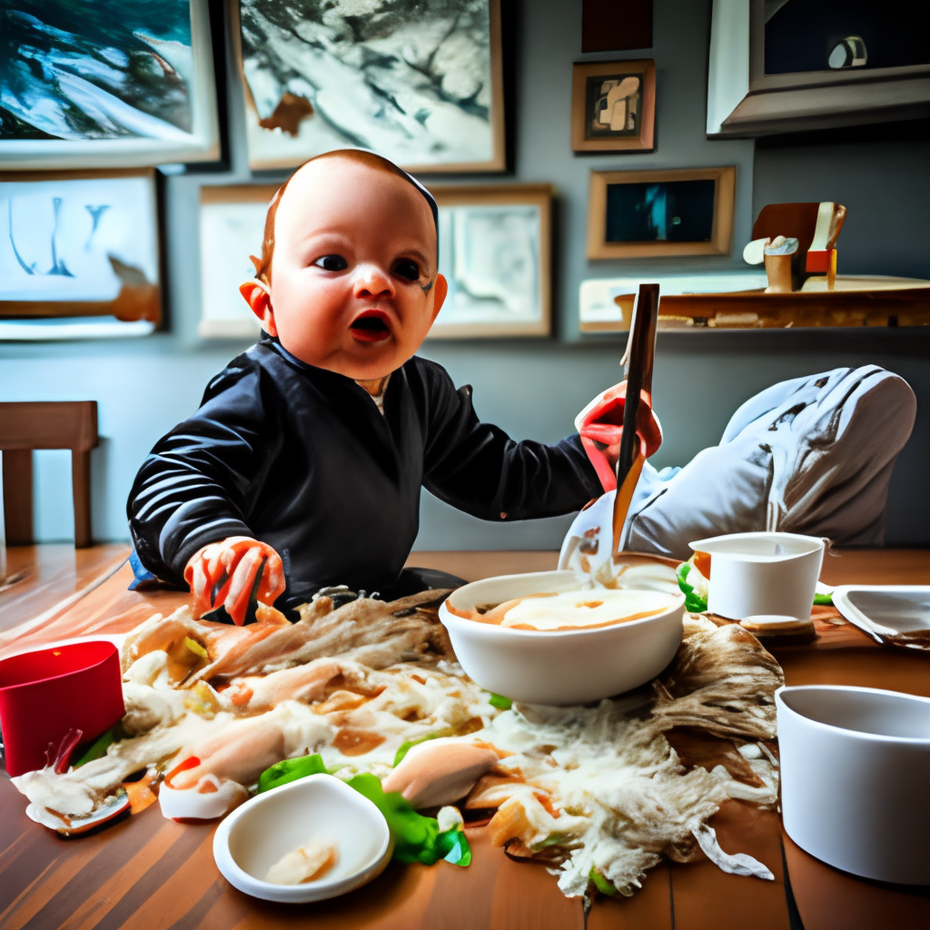 a baby making a mess while eating its first solid food