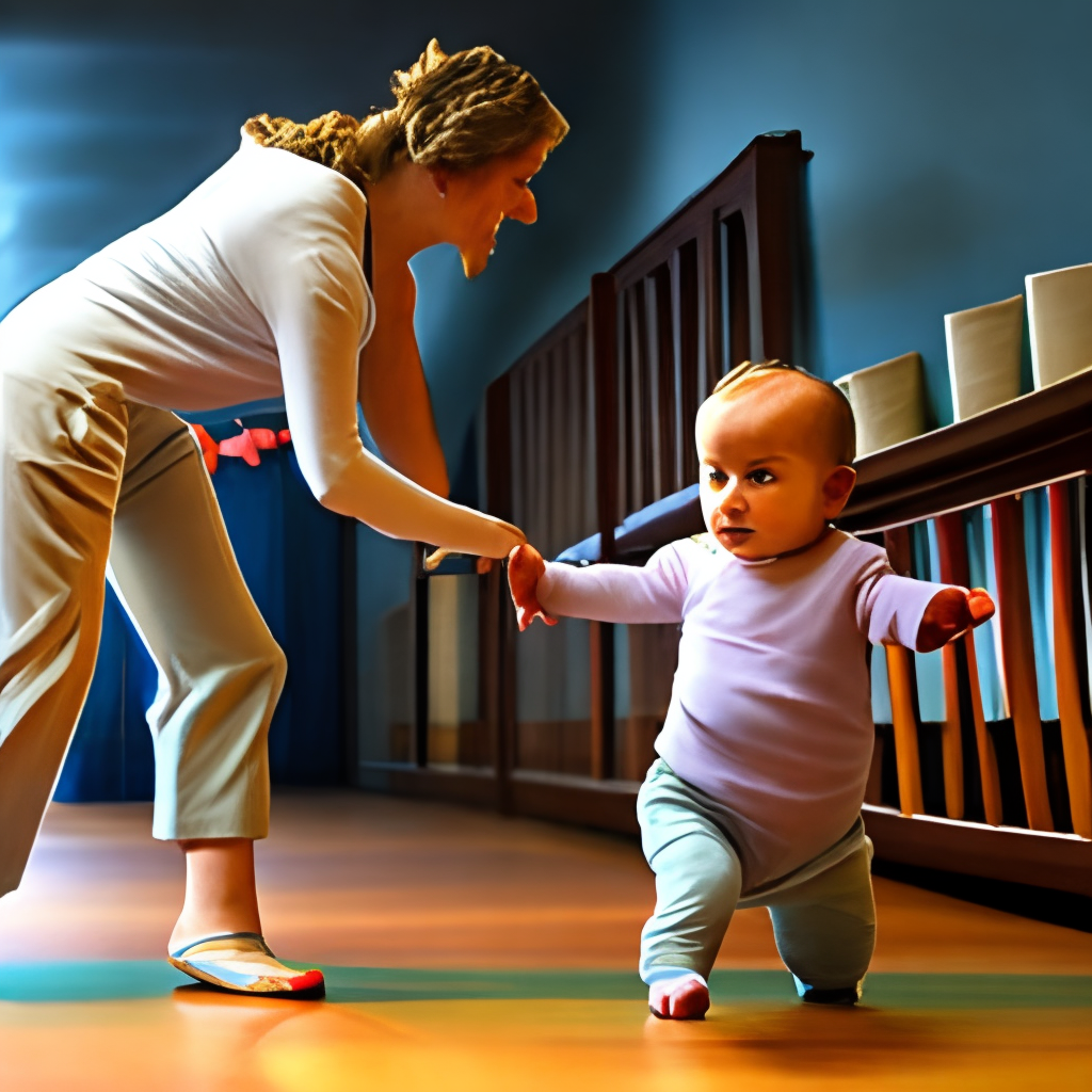 a baby taking its first steps with the help of its parent
