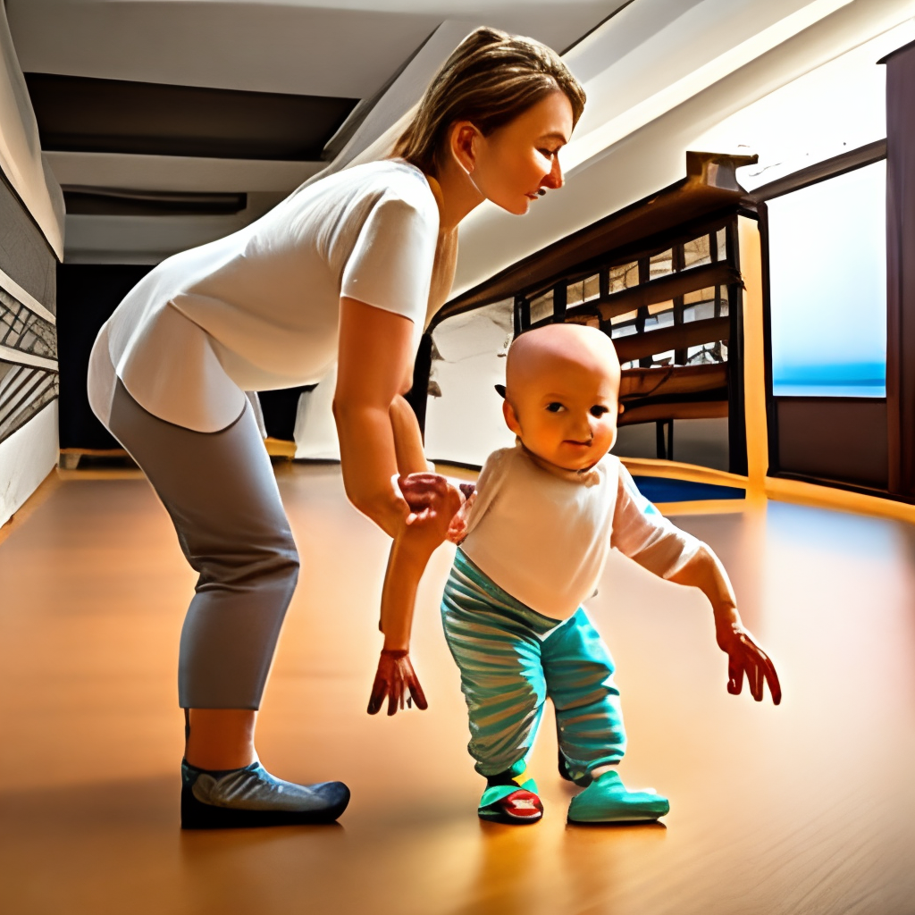 a baby taking its first steps with the help of its parent
