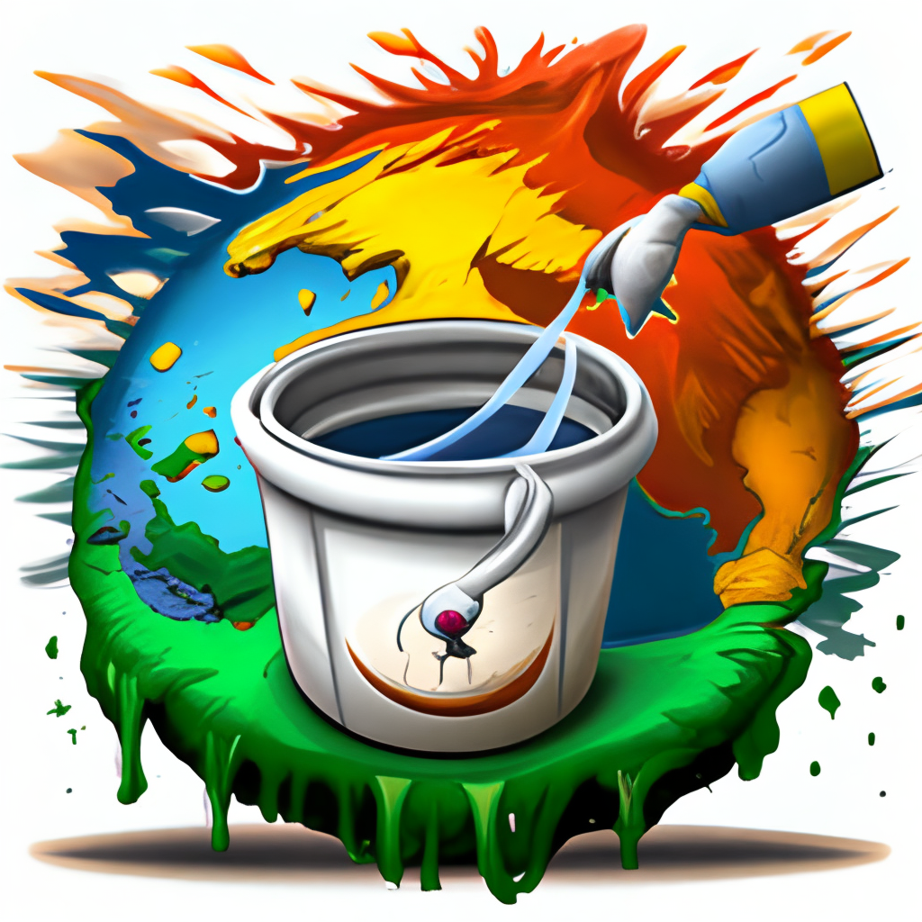 Paint bucket pouring paint in air on top of planet earth vector logo style