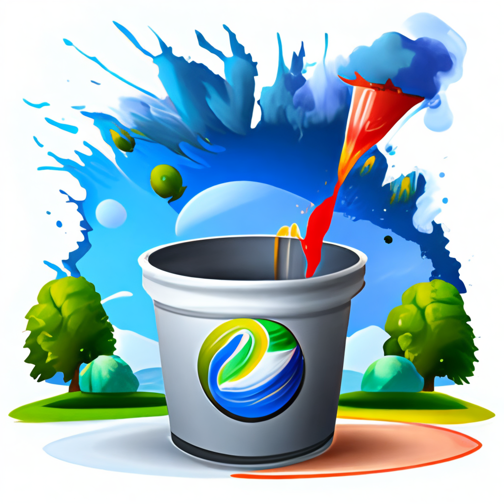 Paint bucket pouring paint in air on top of planet earth vector logo style