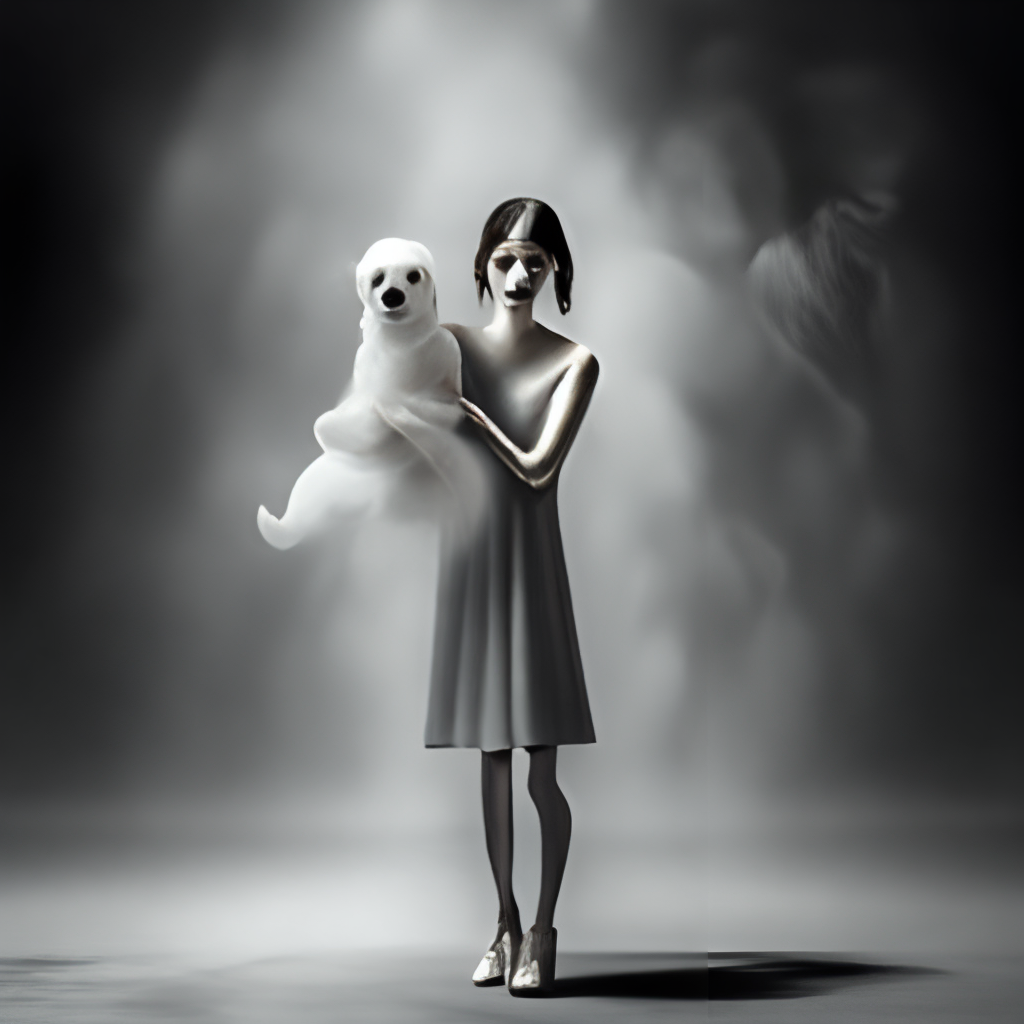 Young ghostly girl holding a puppy, full form angle, depth data, by kazuki takamatsu, monochromatic, ghostly