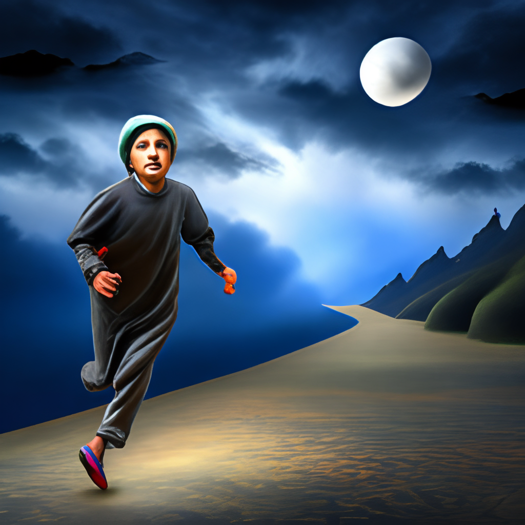 thief with large, frightened eyes, running under a starry, cloudy sky