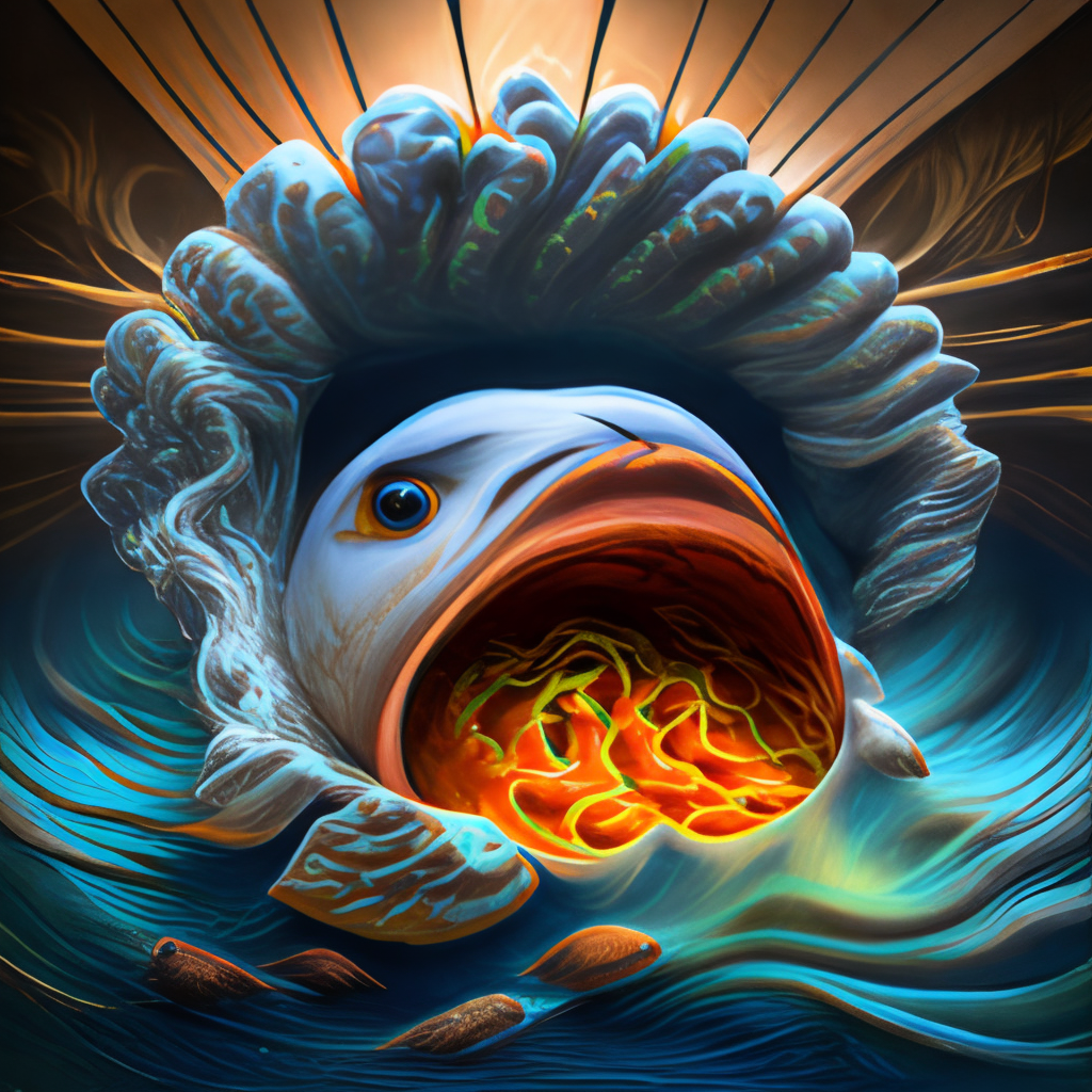 design for t shirt, The great wave made of koi carps, fractal artwork, detailed, trending on artstation, octane, Bowl with eyes, mouth and hair made of spaghett sinking in the wave