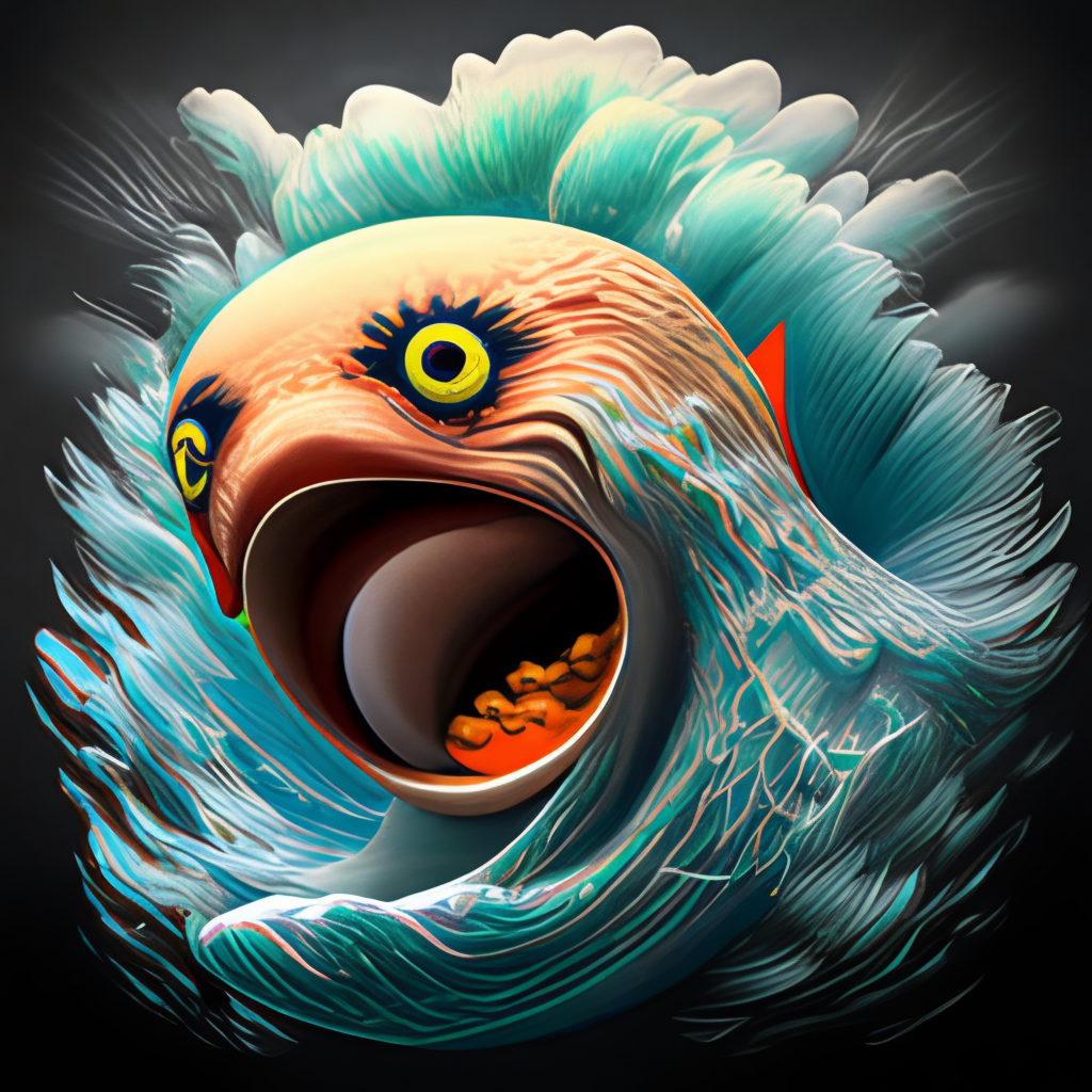 design for t shirt, The great wave made of koi carps, fractal artwork, detailed, trending on artstation, octane, Bowl with eyes, mouth and hair made of spaghett sinking in the wave