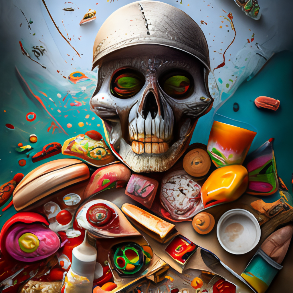 the anatomy of a zoombie head made of junk food, an ultrafine detailed painting by james jean, octopath traveler, behance contest winner, vanitas, angular, altermodern, surreal