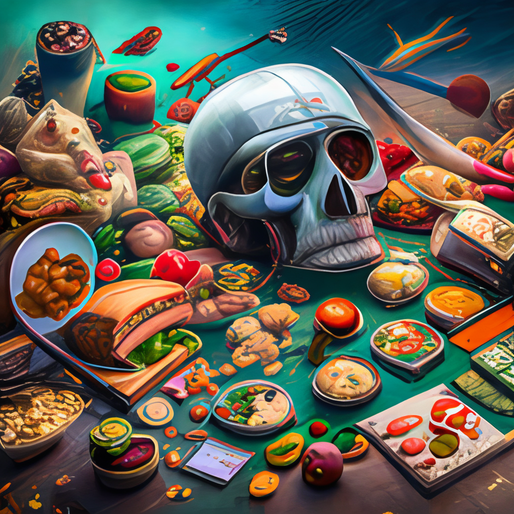 the anatomy of a zoombie head made of junk food, an ultrafine detailed painting by james jean, octopath traveler, behance contest winner, vanitas, angular, altermodern, surreal