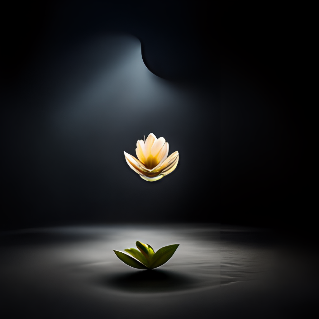 a lotus flower in a dark and mysterious environment, with a black background and a hint of light illuminating the petals.