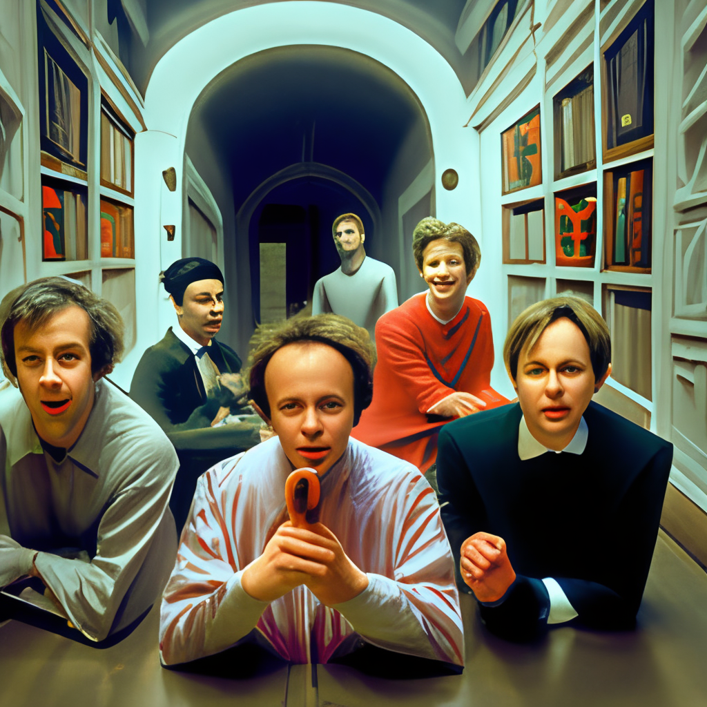 a grup of kids in the hall on a hunted house