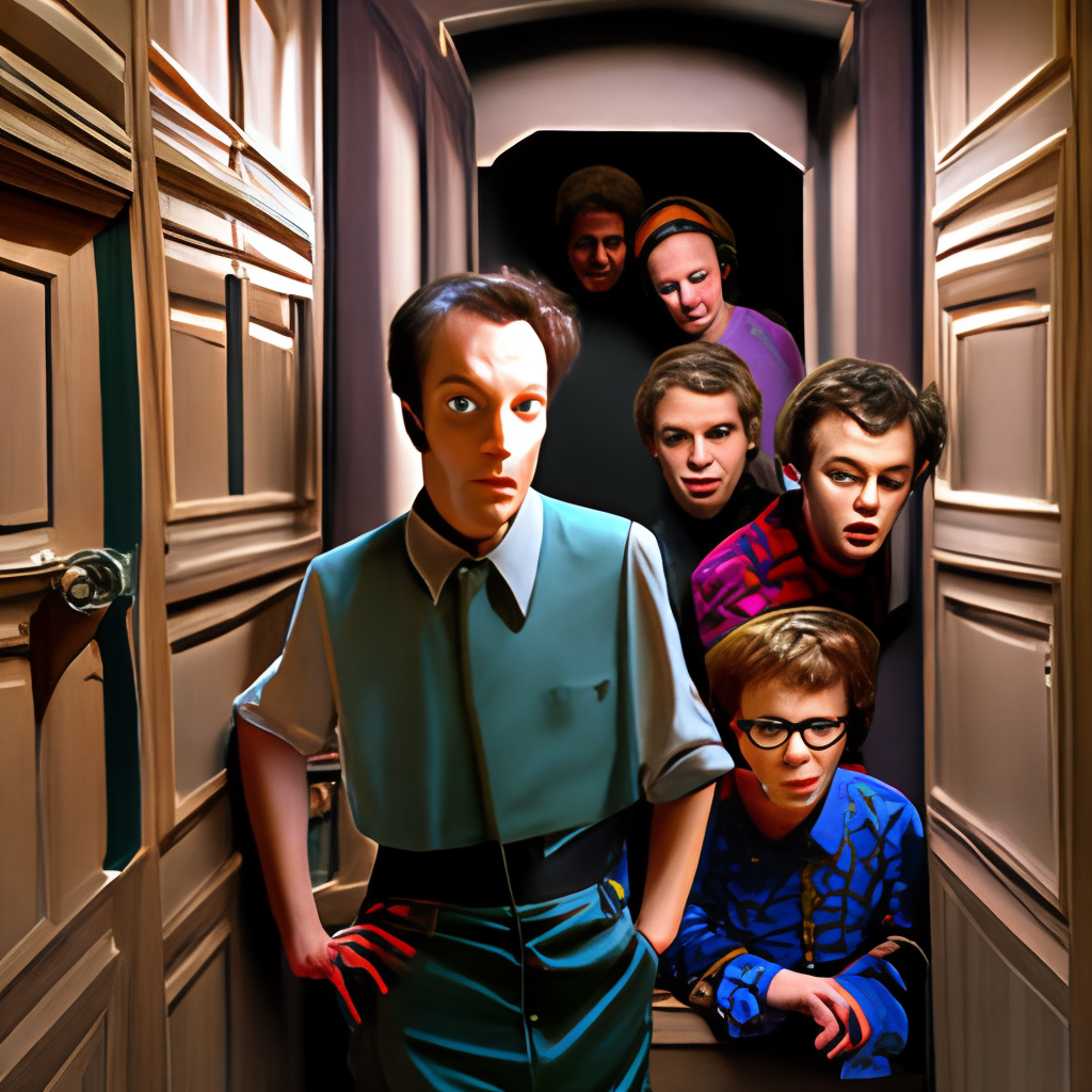 a grup of kids in the hall on a hunted house