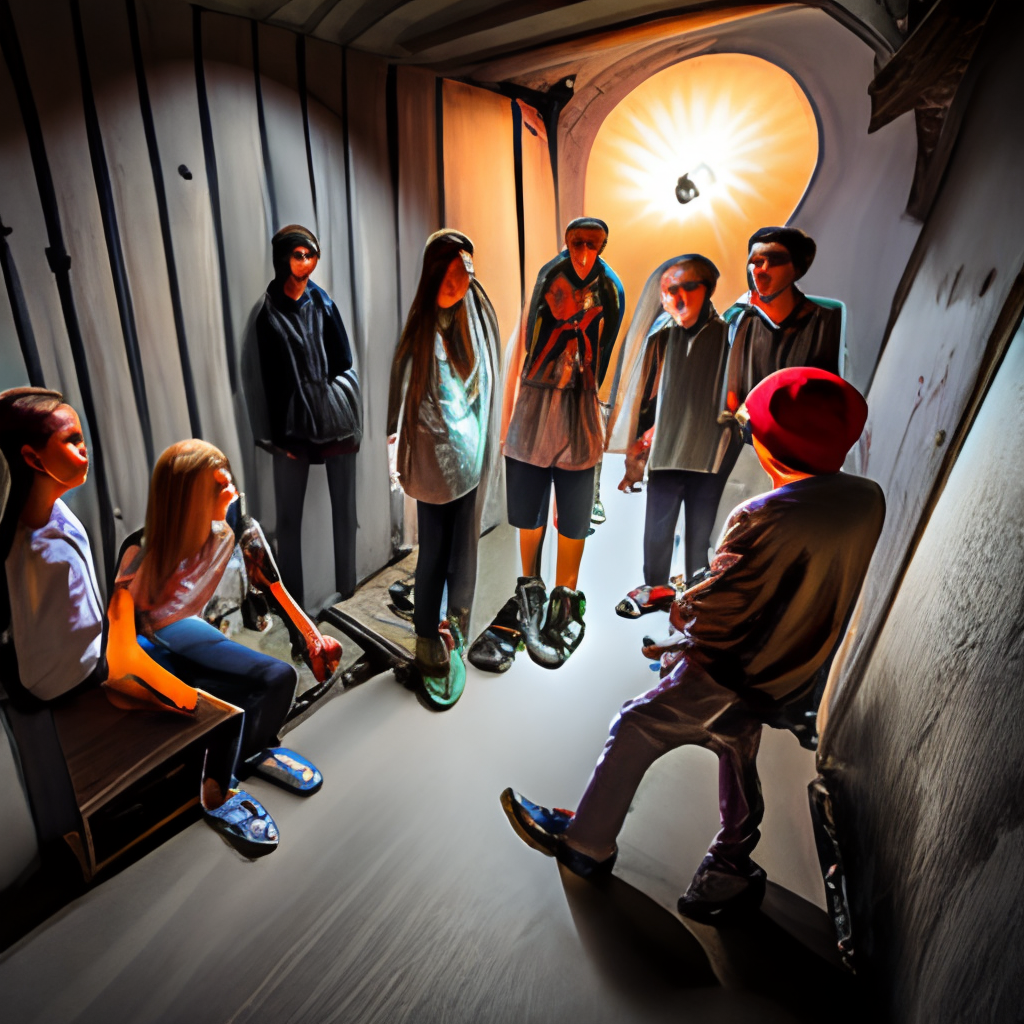 a grup of kids talking in the hunted house