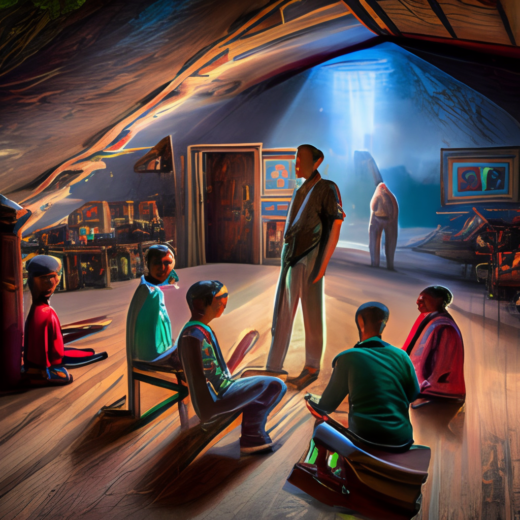 a grup of kids talking in the hunted house
