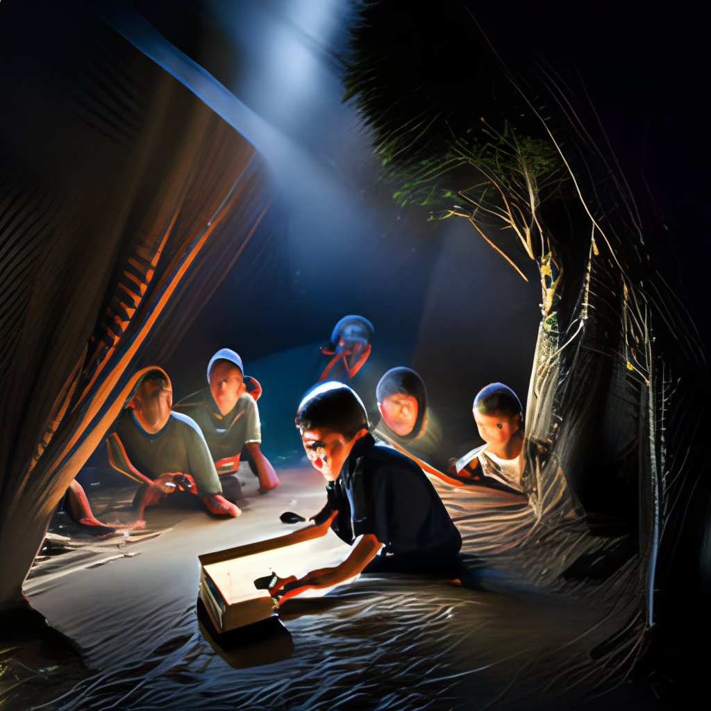 a grup of kids playing hide and seek in the dark