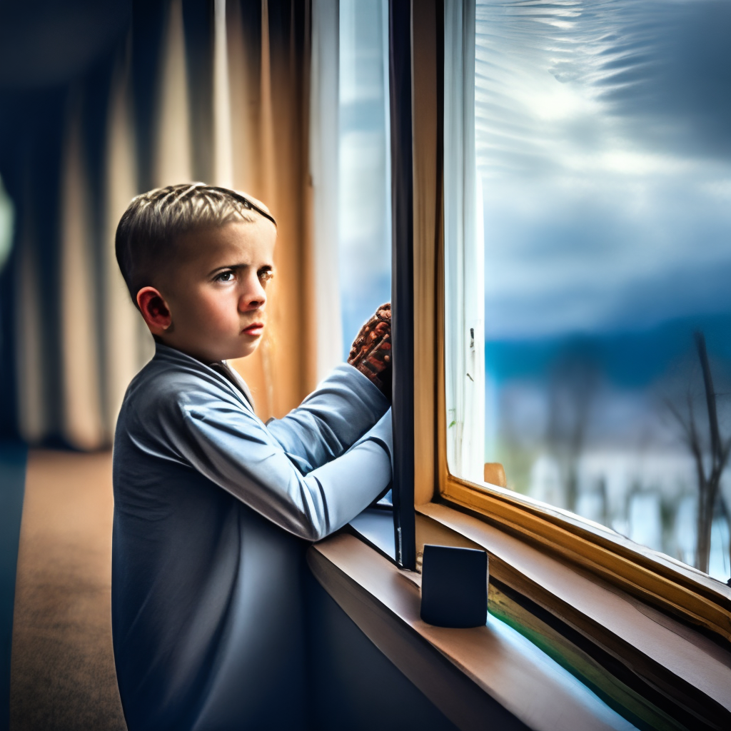 A kid looking at the window in horror