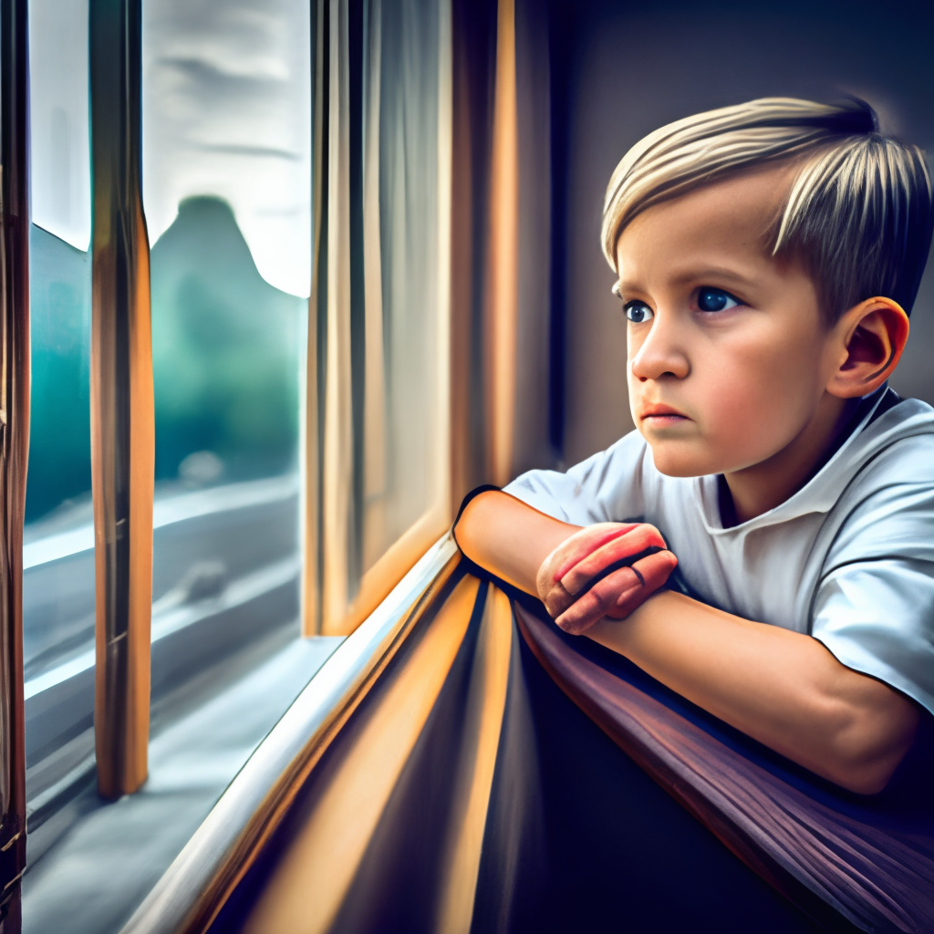 A kid looking at the window in shock