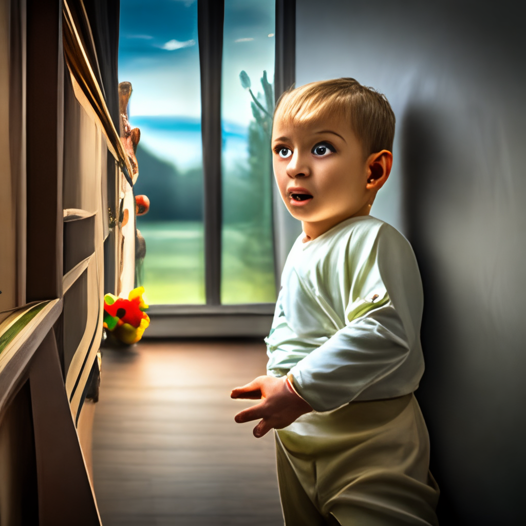 A kid looking at the window in shock