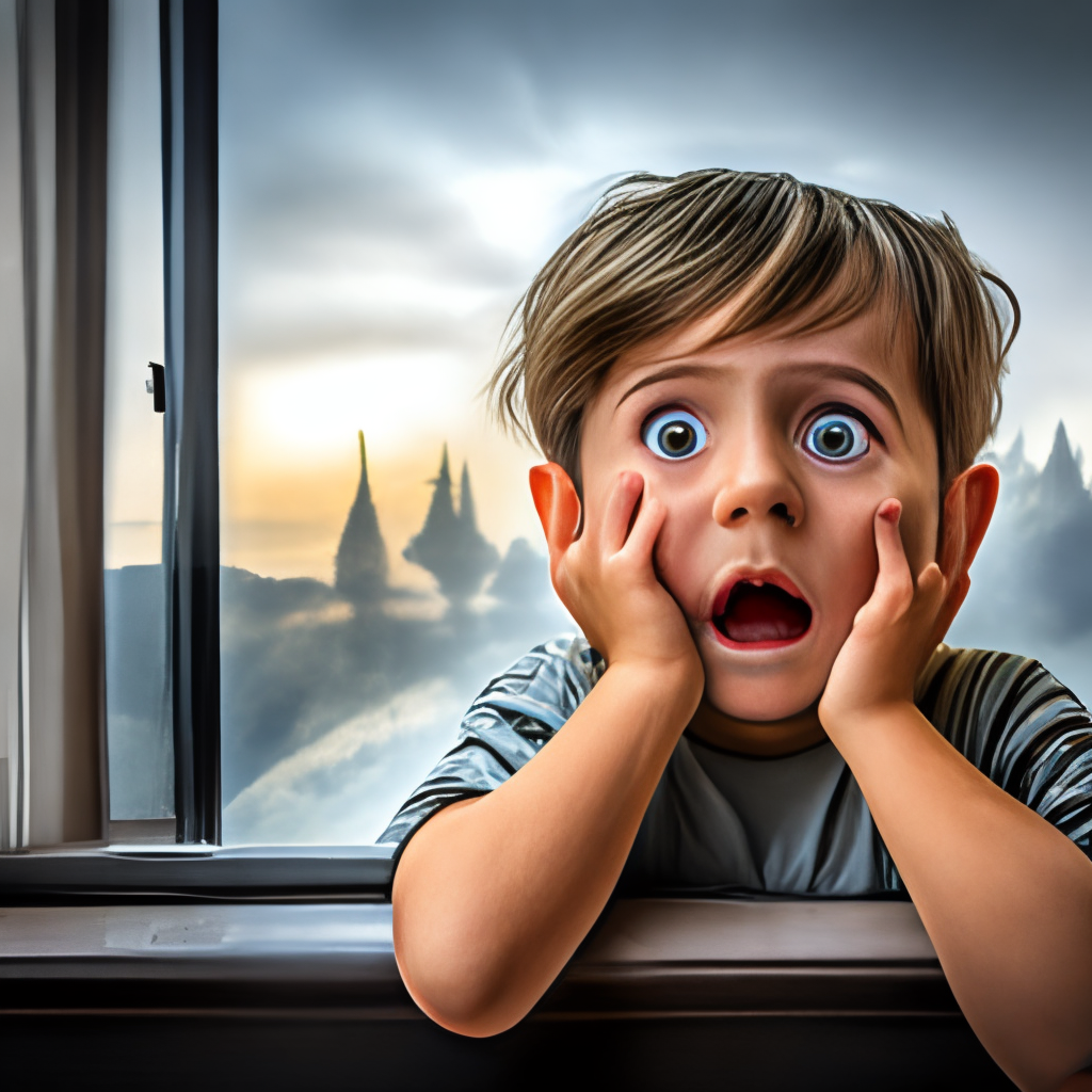 A kid looking at the window in horror face