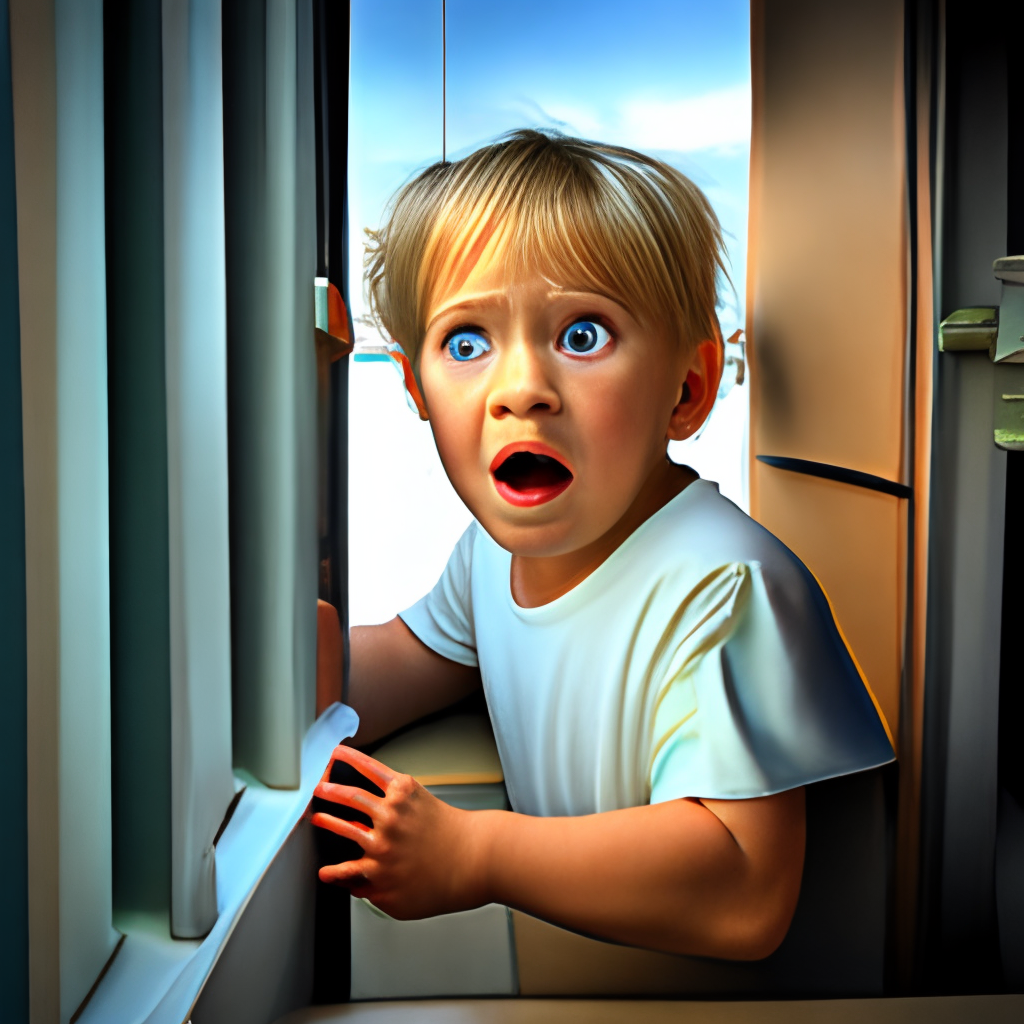 A kid looking at the window in horror face