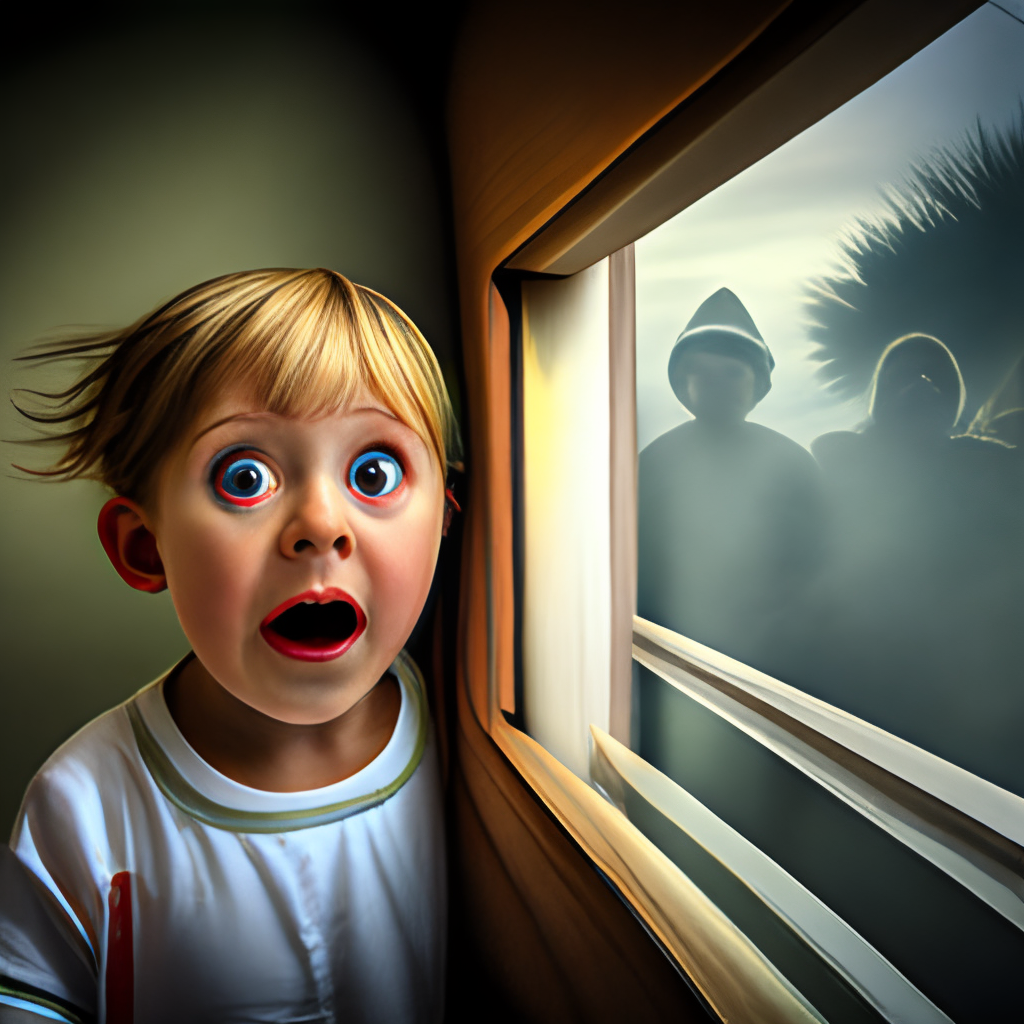 A kid looking at the window in horror face