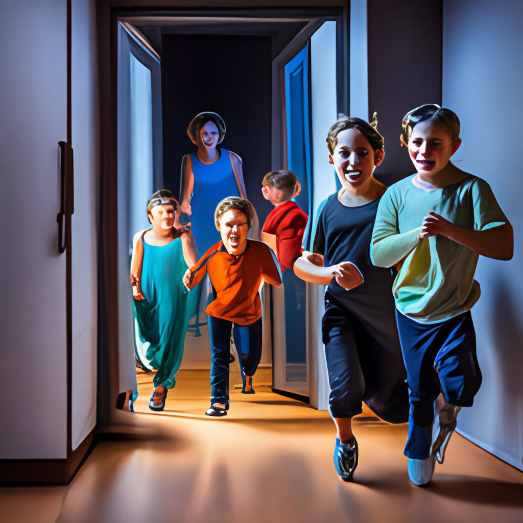 A group of kids runing at the door scared