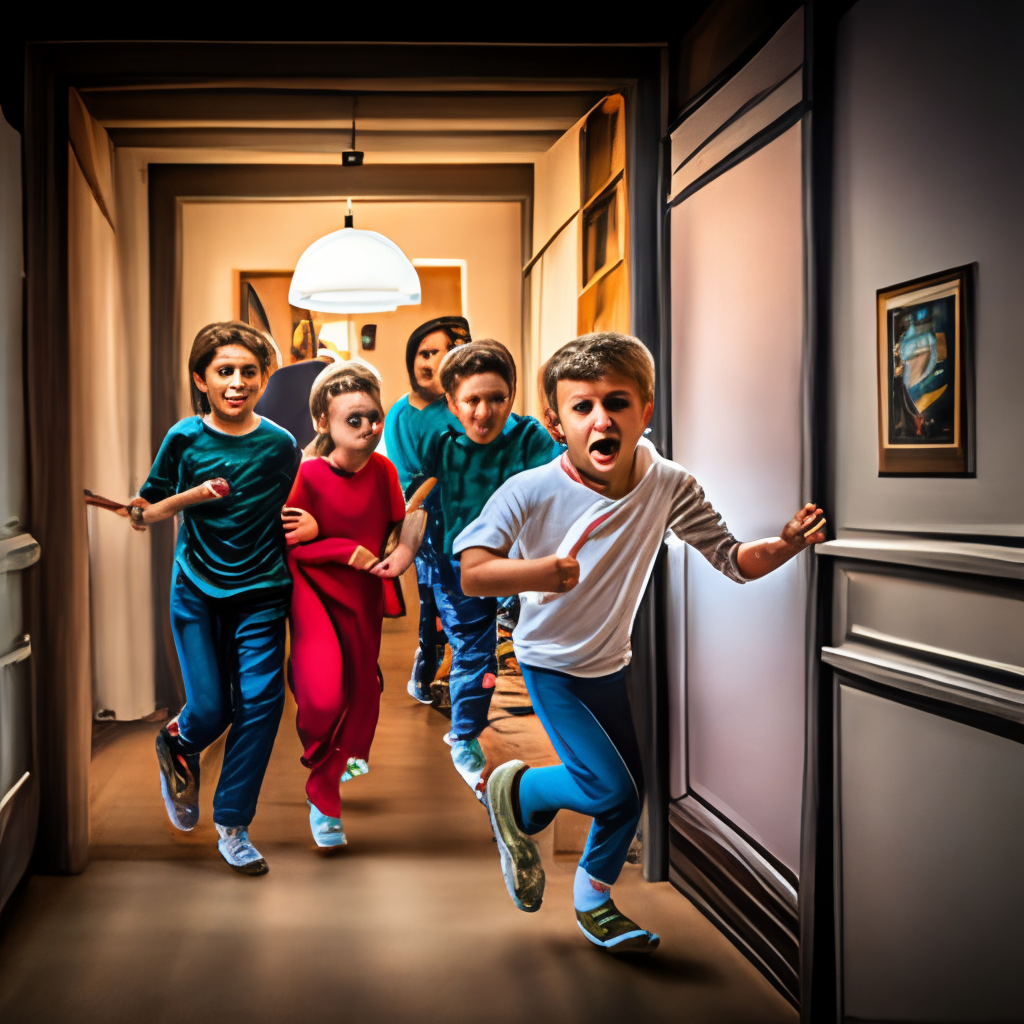 A group of kids runing at the door scared