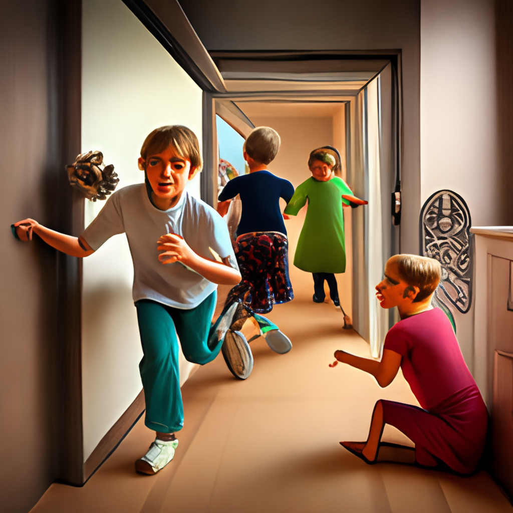 A group of kids runing at the door scared