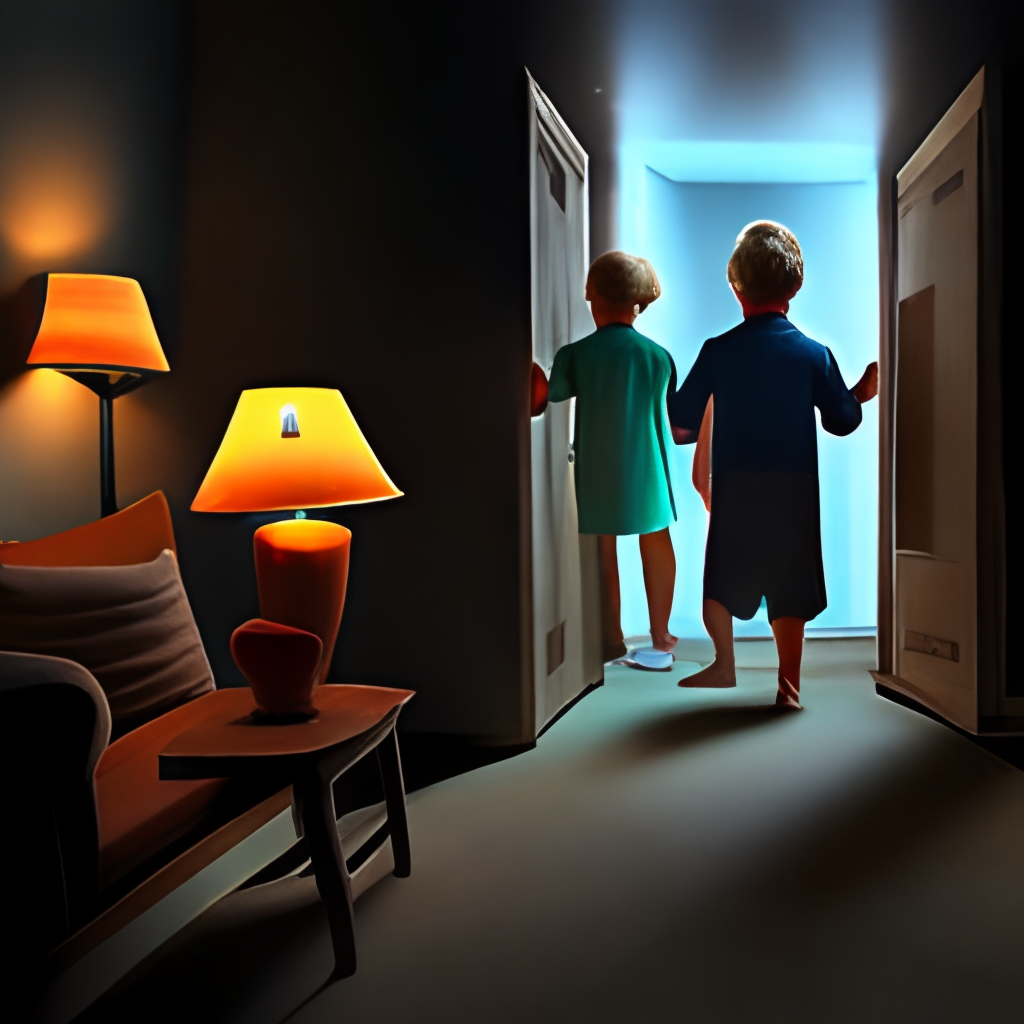 A group of kids runing at the door scared in the dark
