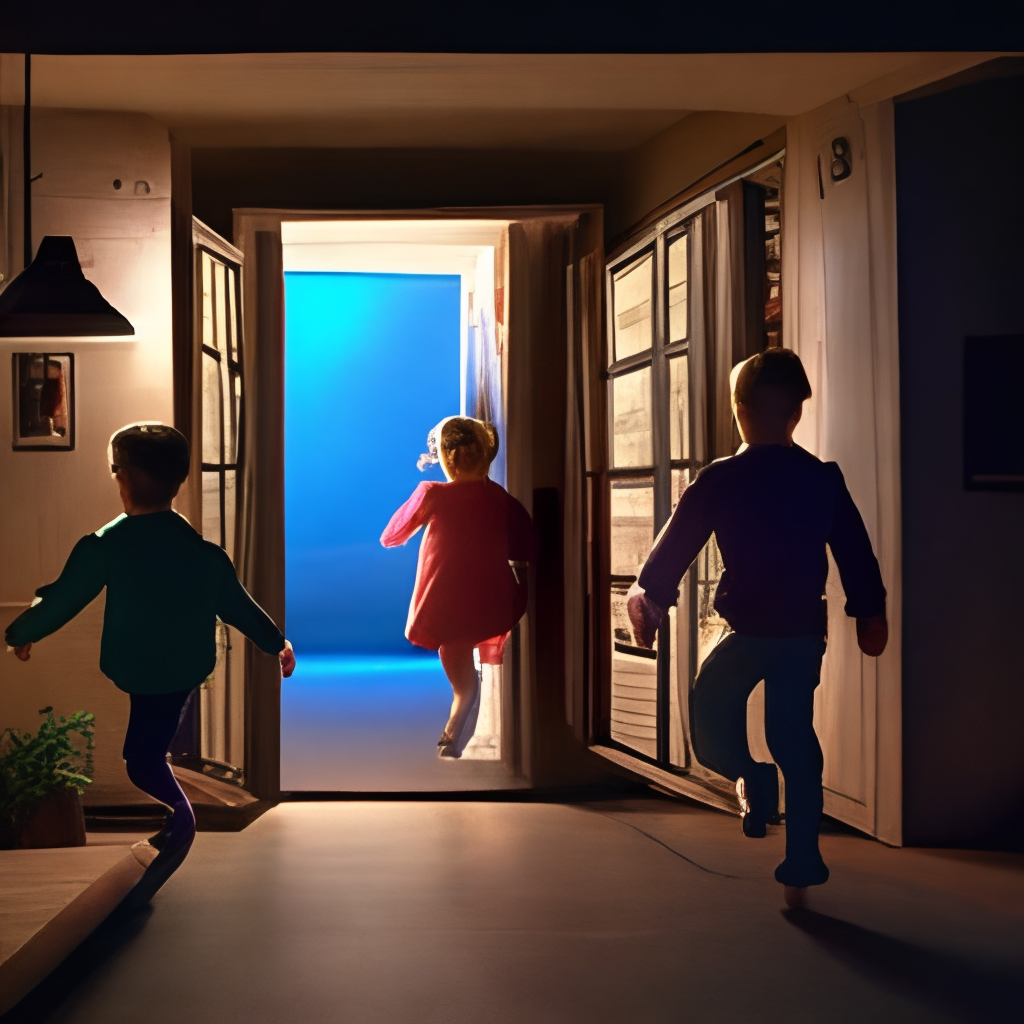 A group of kids runing at the door scared in the dark
