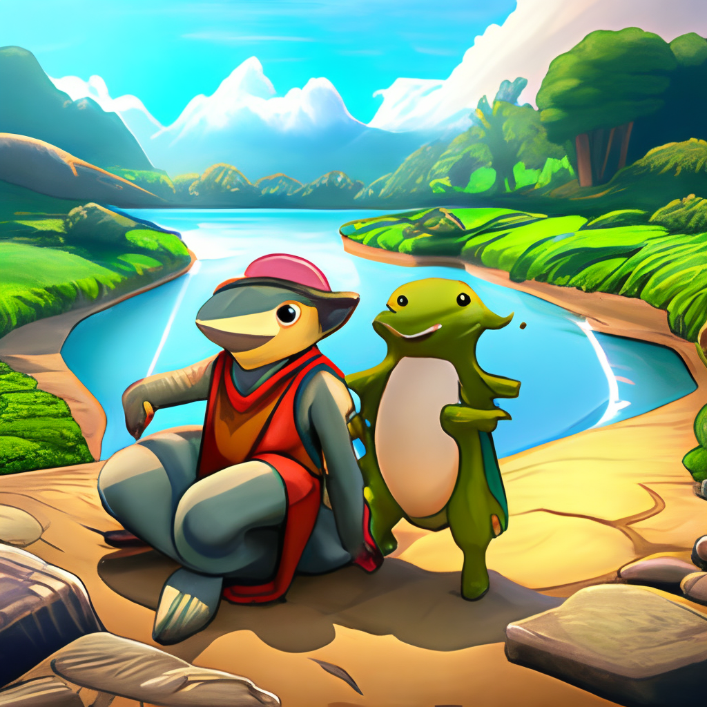 a happy anime turtle with his otter friend on an rpg adventure next to a stream, 90s anime style with a spring time environment