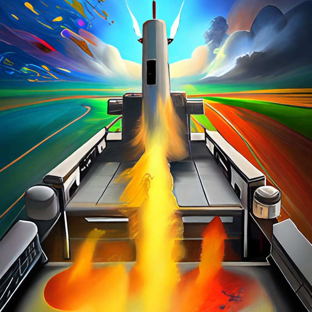 Create a digital painting that captures the intense energy and excitement of a space shuttle launch as seen from the perspective of an observer on the ground. The painting should showcase the vibrant flames and smoke from the engines, as well as the intricate details of the shuttle itself, such as the heat-resistant tiles on the underbelly and the various antennas and sensors on the exterior. The scene should also include a clear blue sky with wispy clouds in the distance. Use realistic lighting and shading techniques to create a sense of depth and dimensionality, and aim for a level of detail and accuracy that makes the viewer feel like they are right there watching the launch unfold in real-time.