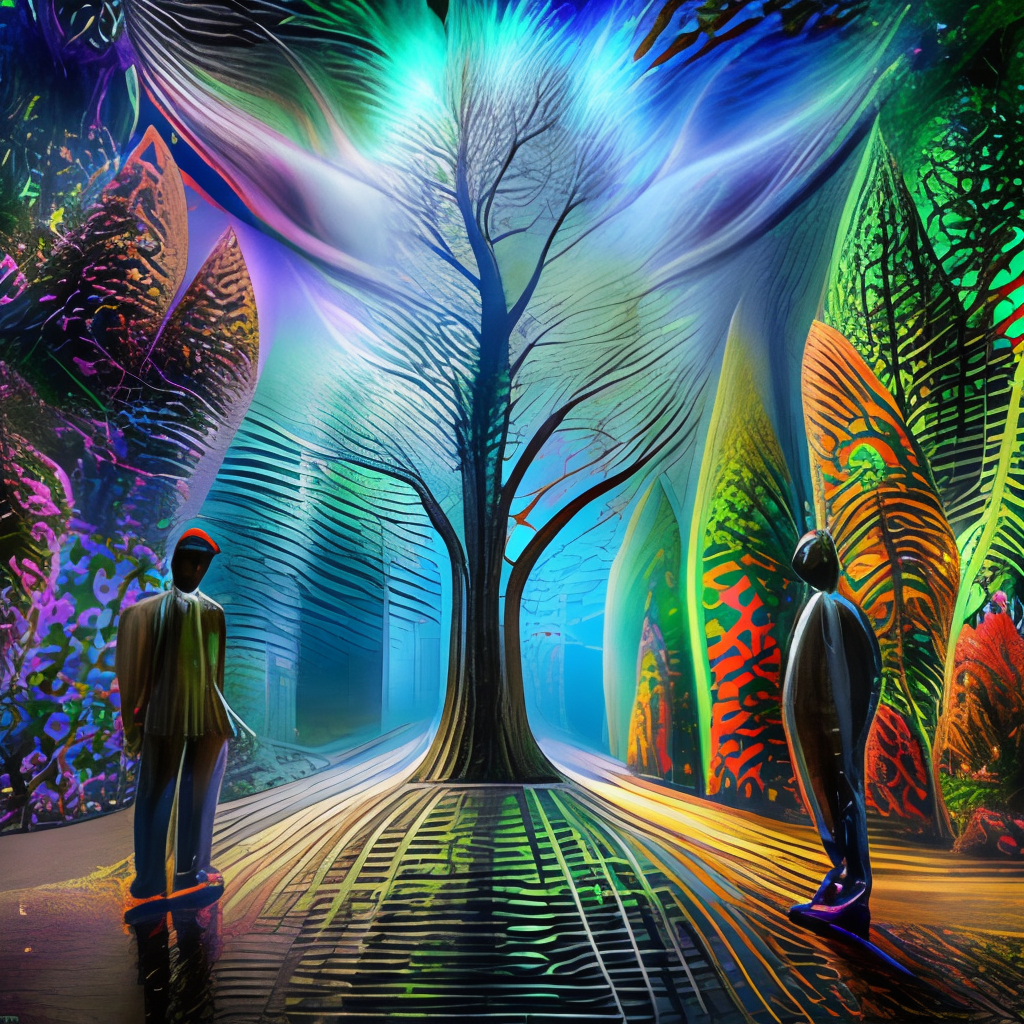 intensely colored surreal world fractal as tall as trees, , butterflies, surreal, pop art