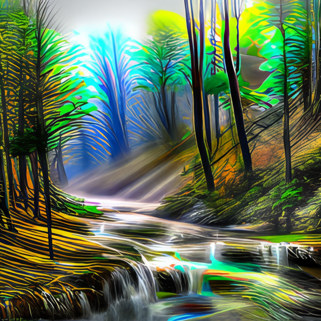 Trees on side of bubbling creek with sunlight filtering through them in impressionist style