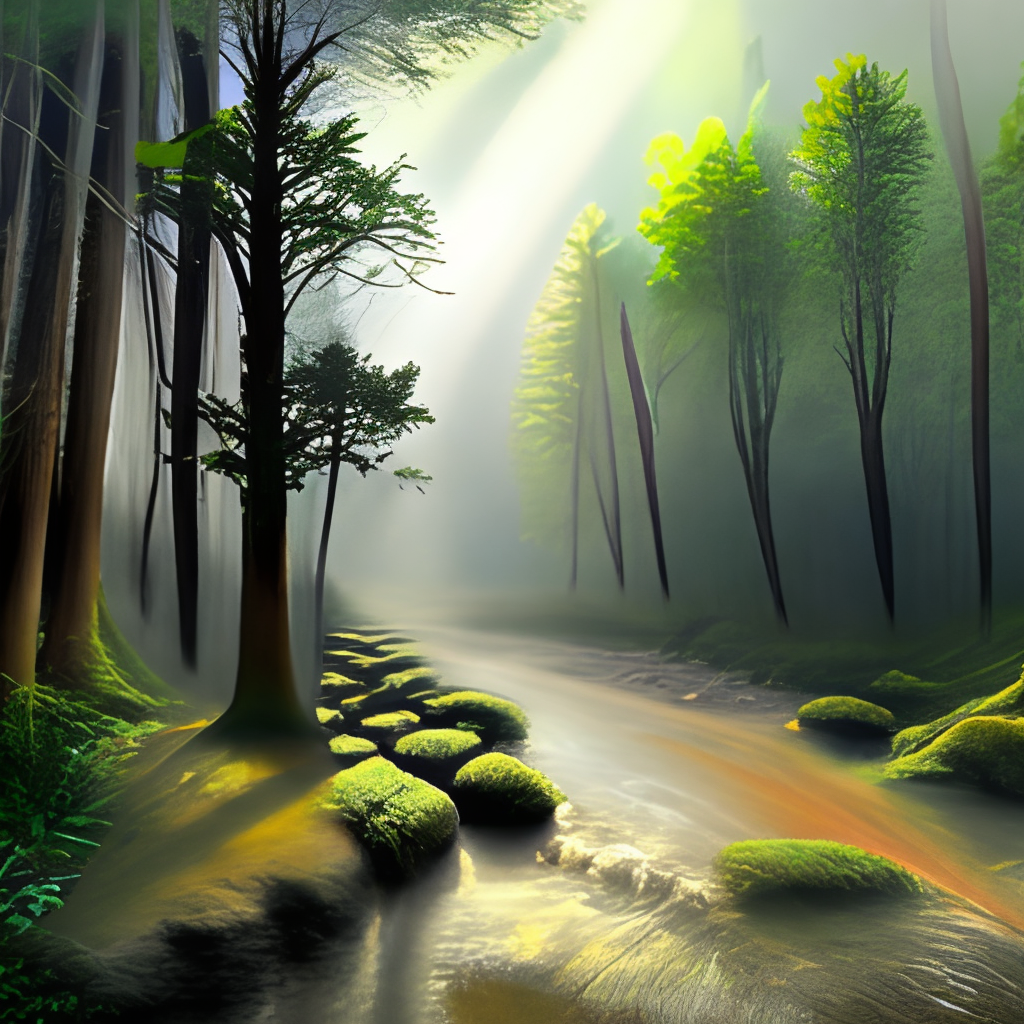 Trees in a forest on side of bubbling creek with sunlight filtering through them in realistic style