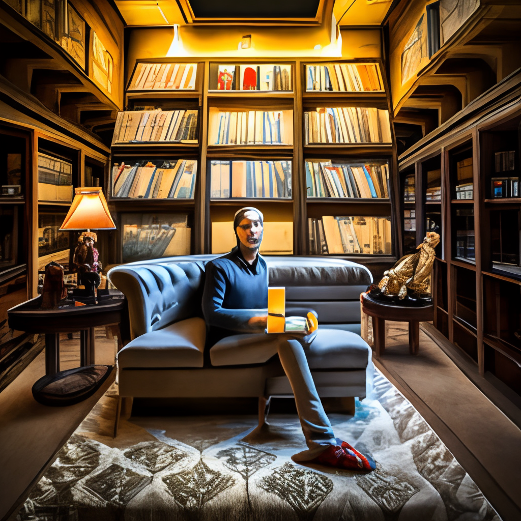 pale young man sitting in an armchair reading beside a big fireplace, bookshelves covering the dark walls, dogs lying on the floor, rule of thirds, dark room
