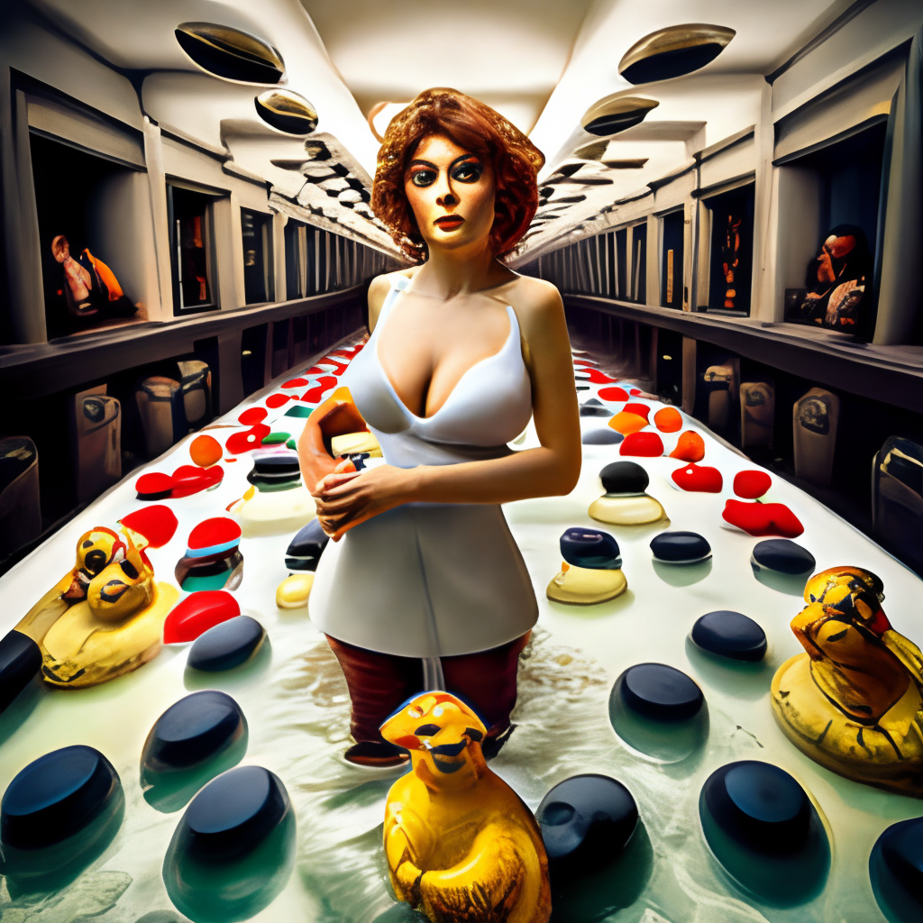 color potrait of Sophia Loren in a heart shaped bath tub surrounded by rubber ducks:: hightly detailed, hyper realistic, photographic, wide angle lens:: in the style of Richard Avedon, Patrick Demarchelier, Vogue, Baron Adolphe De Meyer