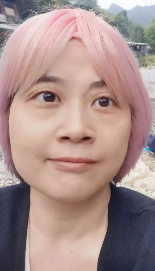 a woman with light pink hair is looking at the camera