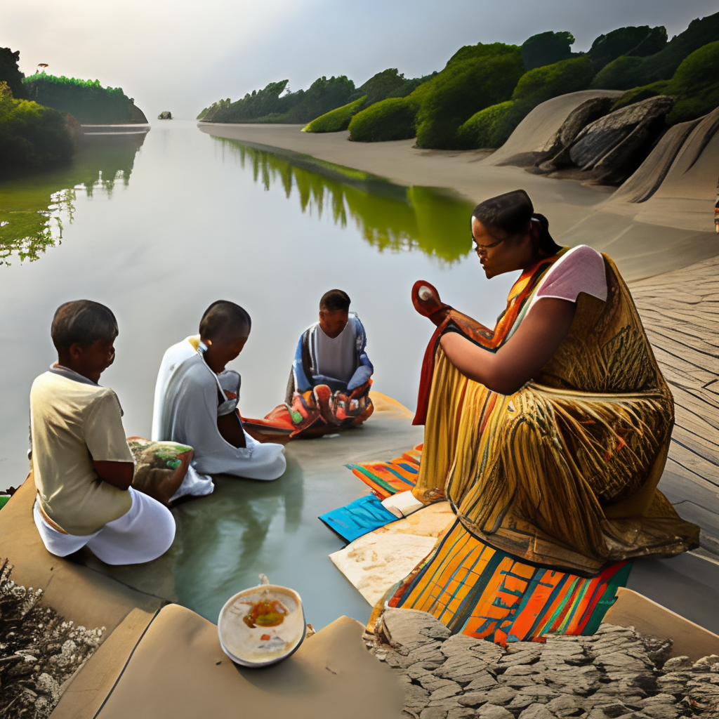 a family praying by the river during the day