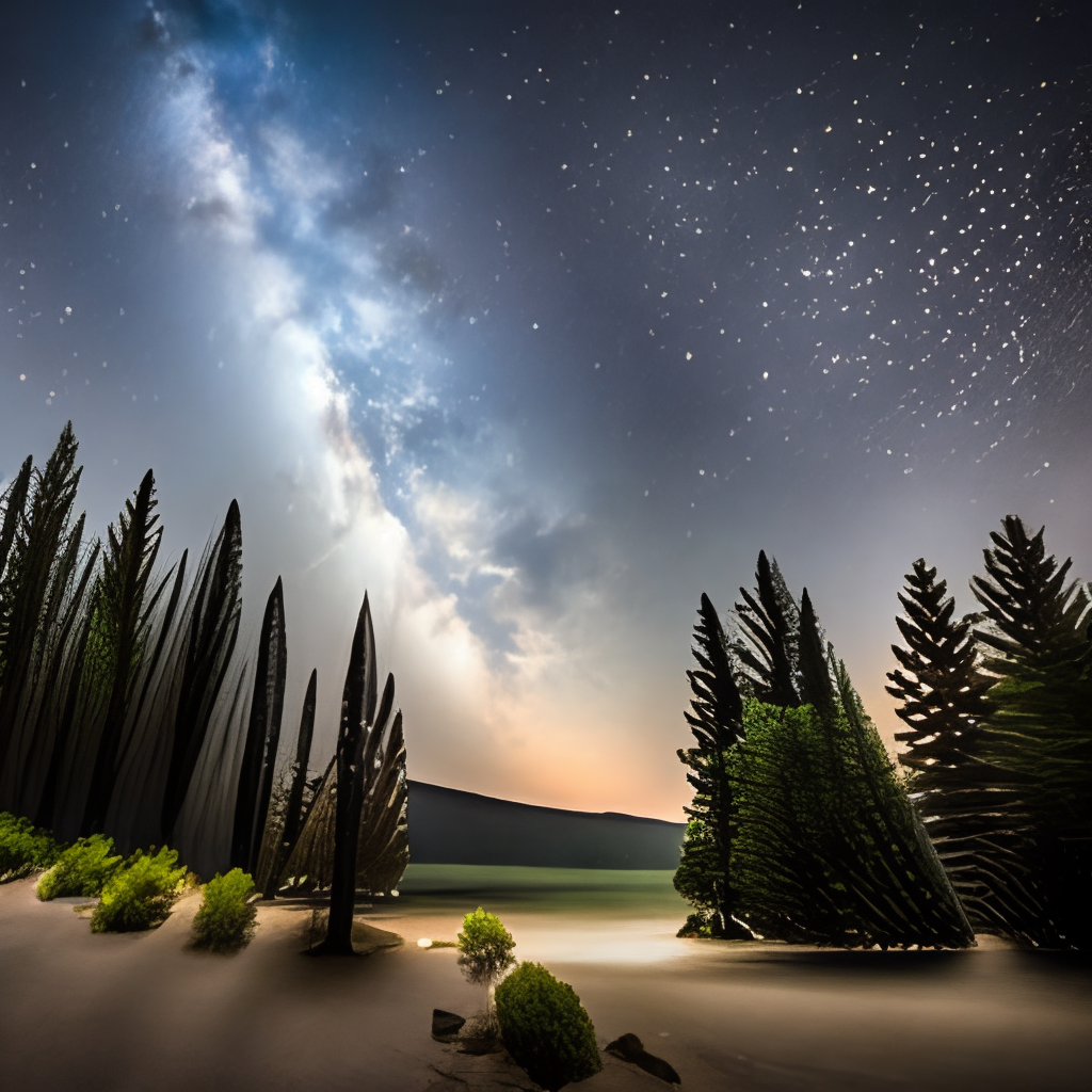 A shot of the night sky shows the milky way dappled with shooting stars behind trees outlined in the foreground.