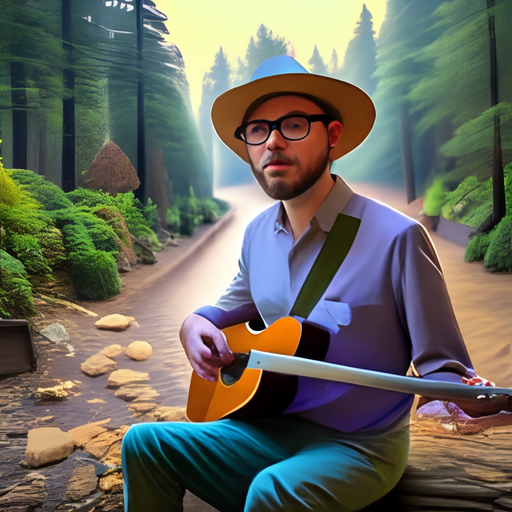 A musician with a hat in a forest playing the guitar ulta hd 4k