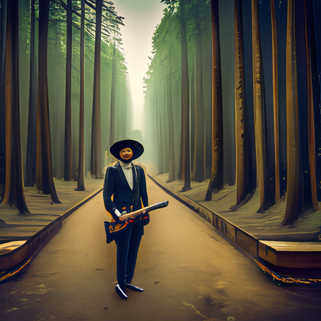 A musician with a hat, without a face, with a long black jacket in a forest playing the guitar