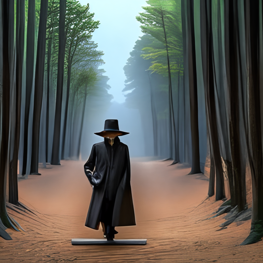 A musician with a hat, without a face, with a long black jacket in a forest playing the guitar ultra hd 8k